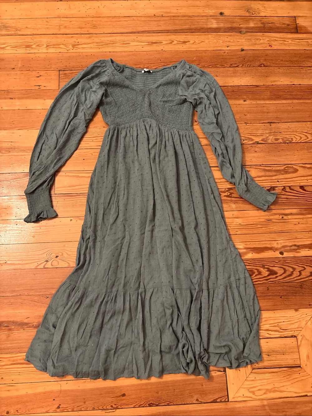 Baltic Born Swiss Dot Smocked Midi Dress Size S Green V-Neck Long Sleeve Cottage